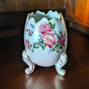 Vintage Pink Porcelain Floral Painted Egg-Shaped Vase W/Gold Trim